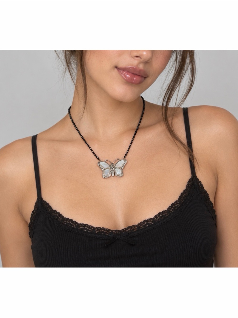 Black/Silver Y2K Fairycore Mother-of-Pearl Butterfly Pendant Beaded Necklace, OS